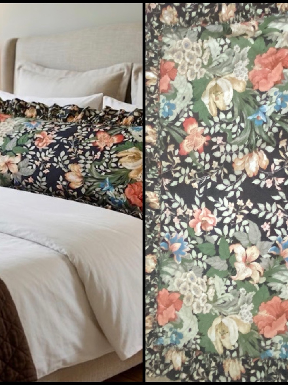 Vintage Waverly French Country Brown Floral Ruffle Body Pillow Sham 36x18